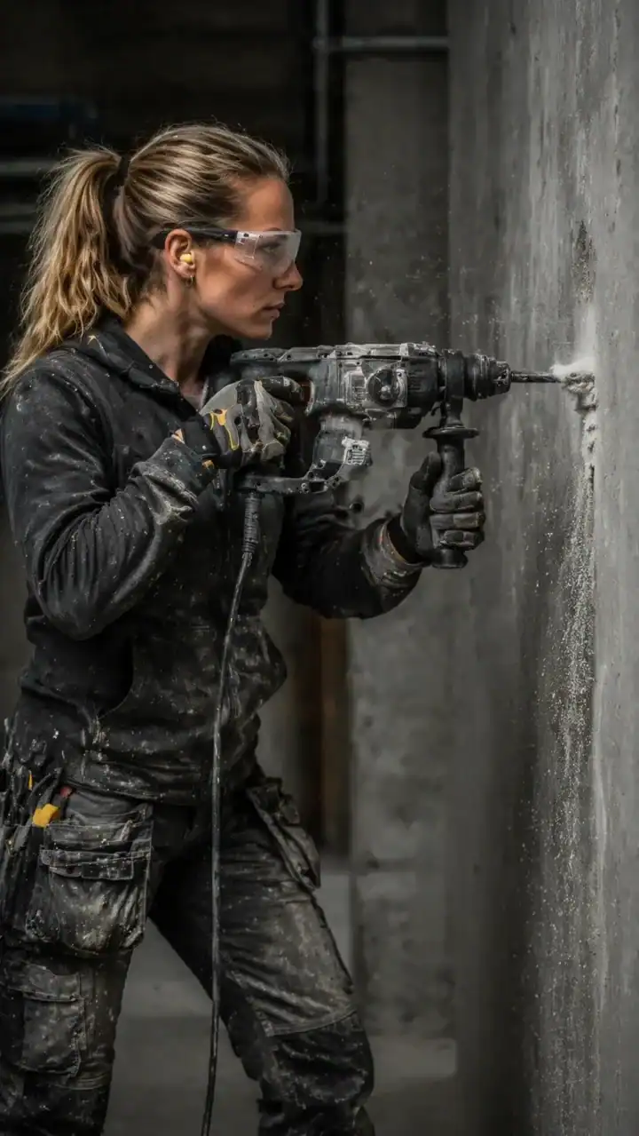 woman drilling hole in wall with powertool